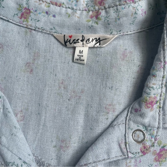 Kiss & Cry Light Blue Floral Linen Chambray Snap Button Shirt Size M - Picture 7 of 8